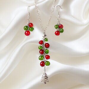 Silver Necklace & Earrings Set w/ Red & Green Crystals – Christmas Holiday Jewel